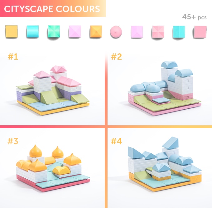 Cityscape Colour 01-04, choose from four different coloured styles. In the box you will get a selection of 45+ Arckit components in a ziplock bag along with an instruction leaflet. Additional content will be available online at arckit.com.