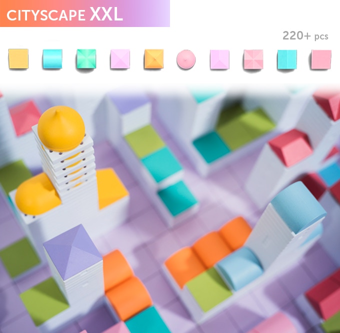 Cityscape XXL, the ultimate colourful kit for creating your dream city. In the box you will get a selection of 220+ Arckit components in tray along with an instruction booklet. Additional content will be available online at arckit.com.