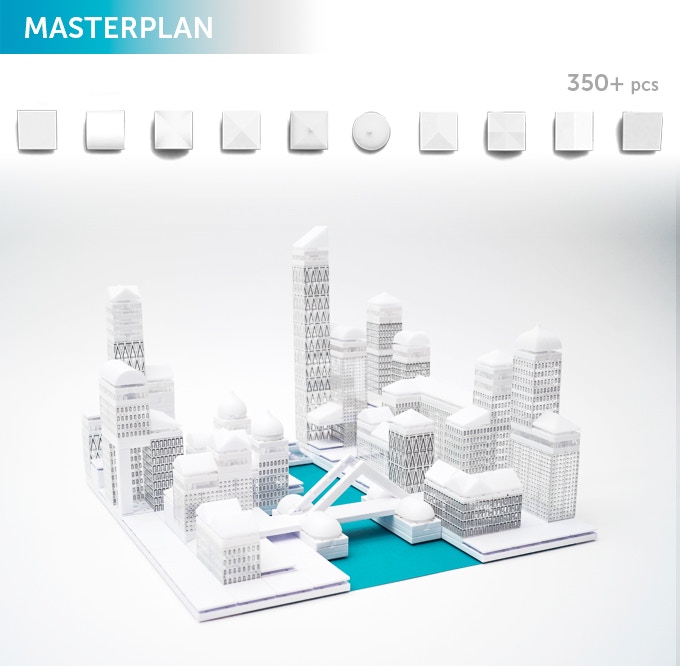 Masterplan, design your own CAPITAL CITY! In the box you will get a selection of 350+ Arckit components with a tray, a booklet, and graphic adhesives for realistic surface finishes. Additional content will be available online at arckit.com.